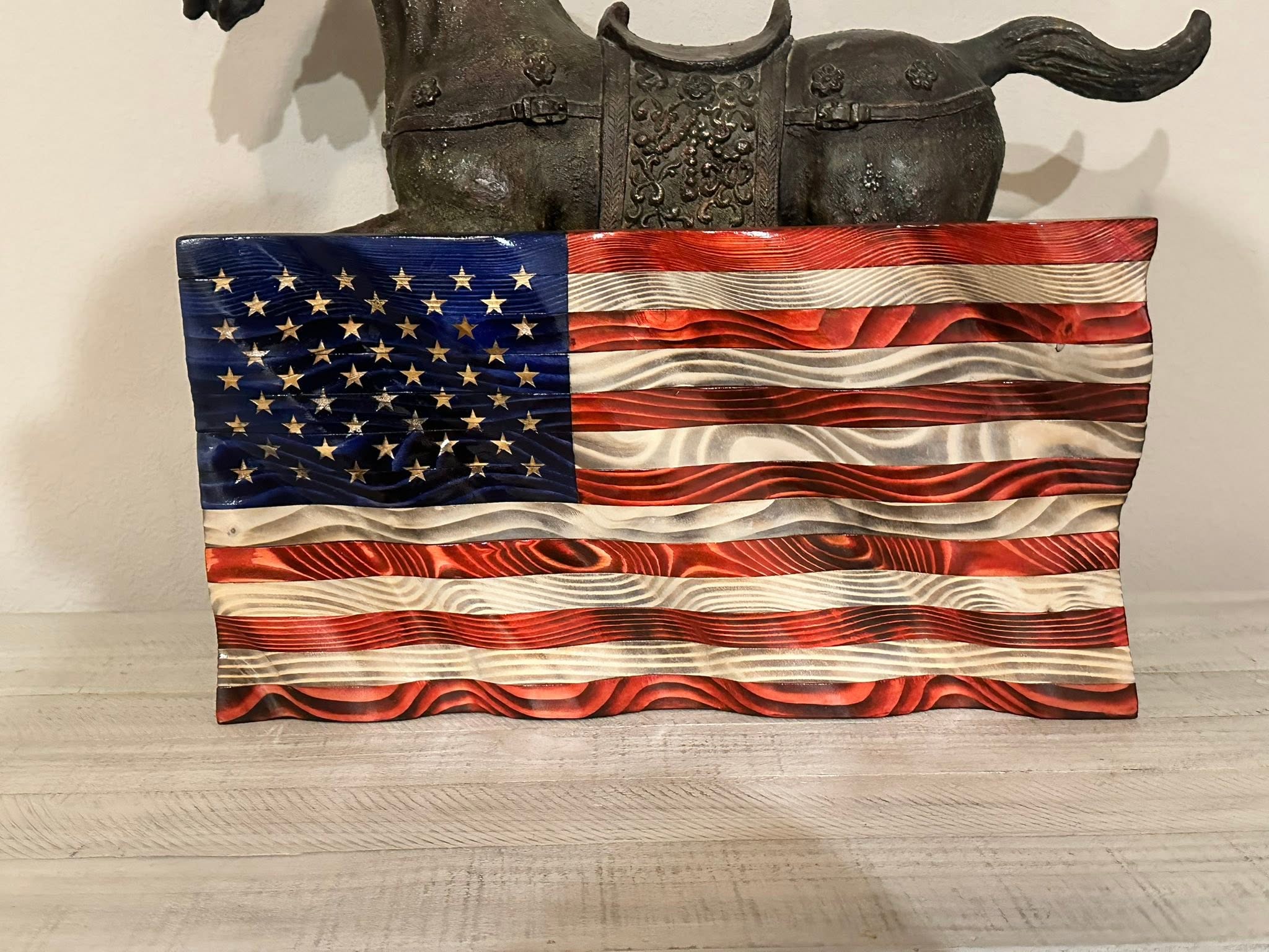 Custom wooden American flag, rippled and stained, finished piece